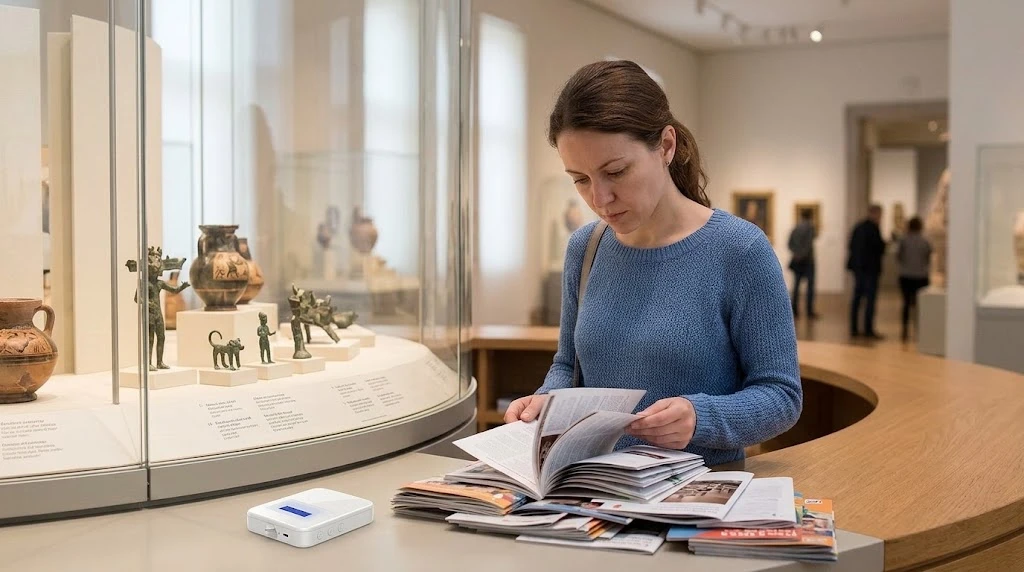 Museum visitor reading a paper brochure instead of looking at the exhibit Museum visitor reading a paper brochure instead of looking at the exhibit