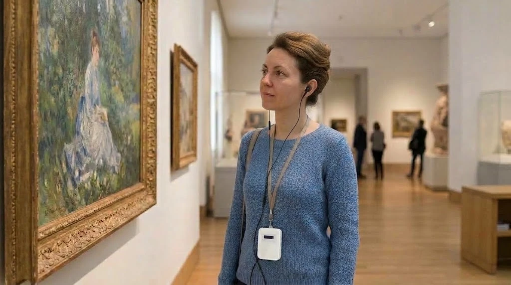 Visitor wearing an audio guide receiver looking directly at a museum exhibit Visitor wearing an audio guide receiver looking directly at a museum exhibit