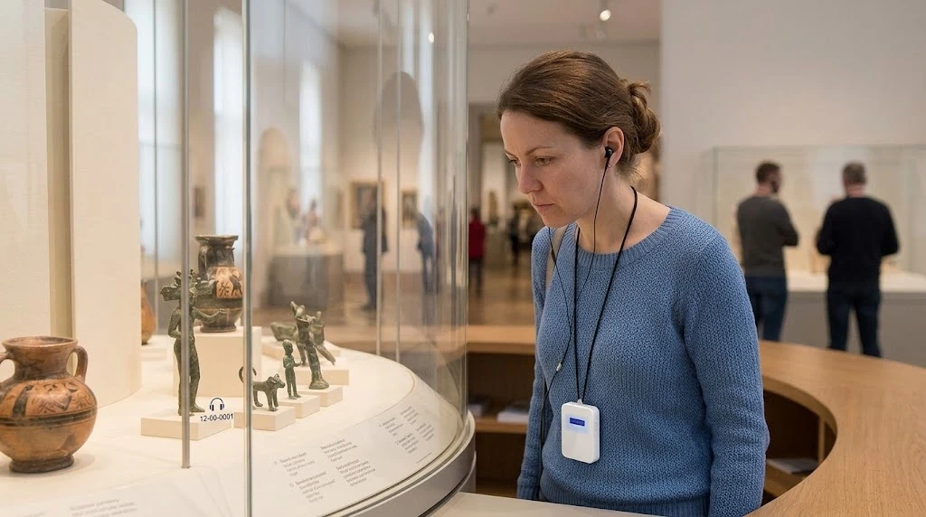 Automatic audio guide triggering commentary as a visitor approaches a museum display Automatic audio guide triggering commentary as a visitor approaches a museum display