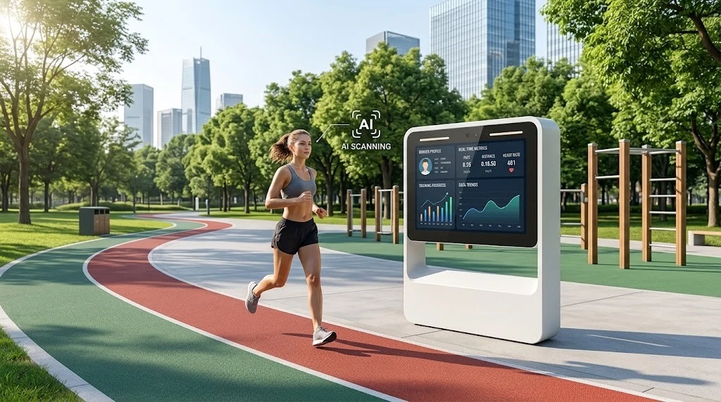 AI smart trail system in a public park with an interactive fitness display AI smart trail system in a public park with an interactive fitness display